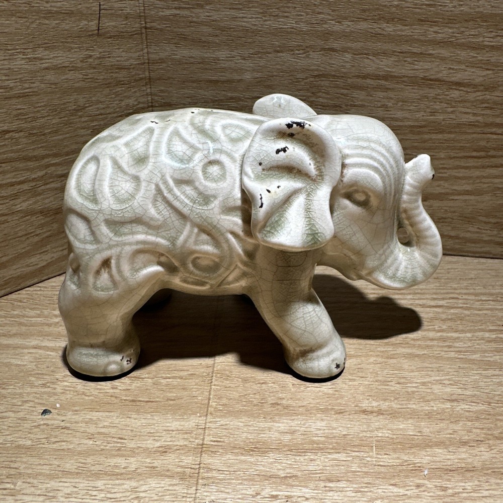Ceramic Standing Elephant Figurine Green Crackle Rustic 6” Shelf Decor Trunk Up