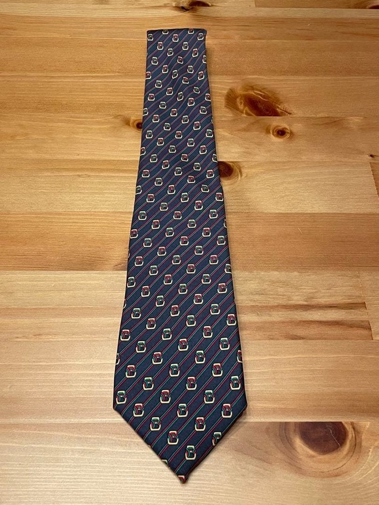 HERMES Necktie Tie All over Striped pattern Made in France Men's 100% Silk Navy
