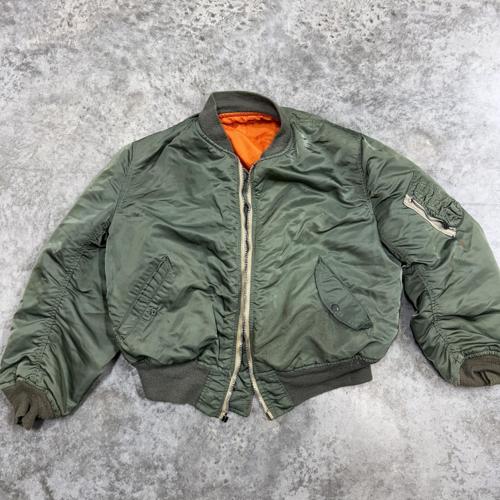 Vintage Alpha Industries Jacket Mens M Green MA-1 Flight Bomber USA 70s FLAW