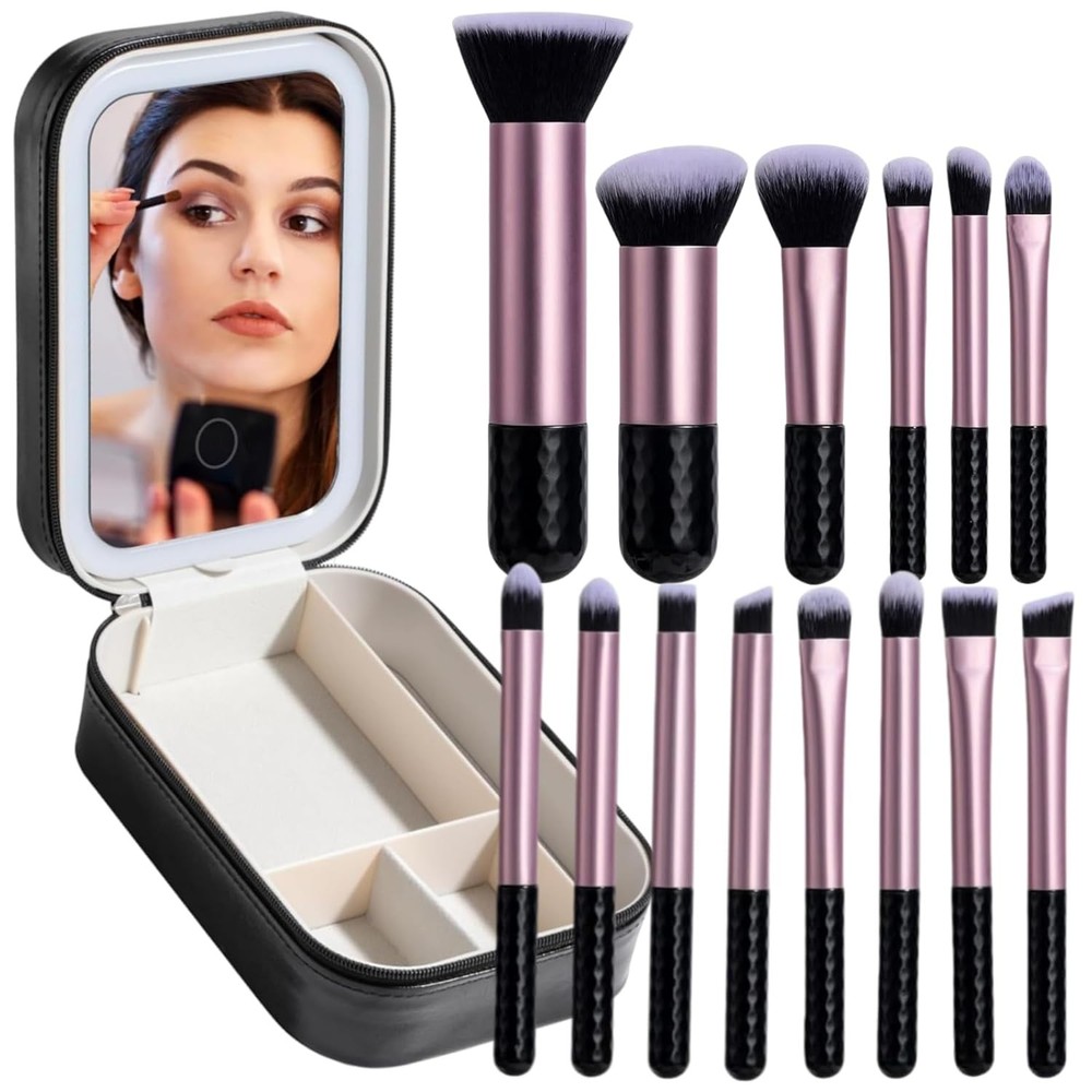 BS-MALL Makeup Brushes Set 14 Pcs with LED Light Mirror Cosmetic Tools Black