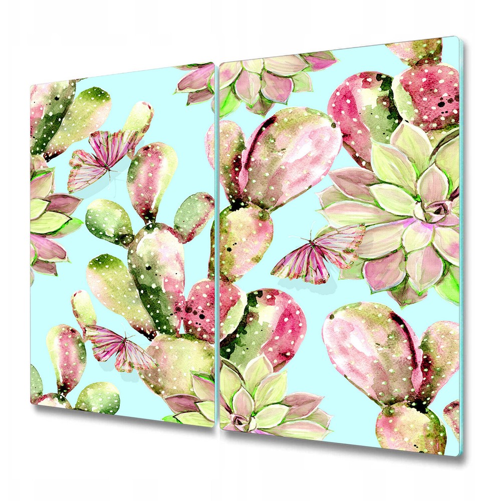 Glass Worktop Saver Kitchen Watercolour Cactus Floral Décor Green Pink Flower