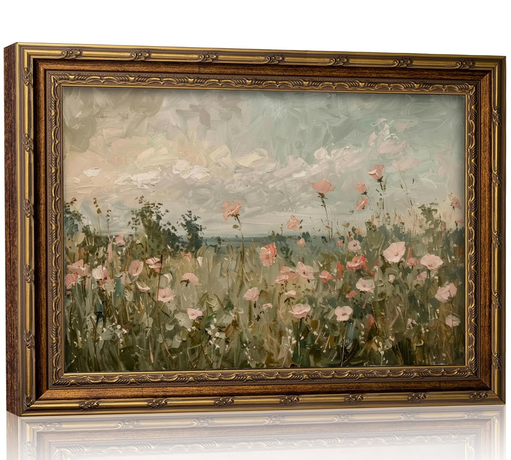 Vintage Gold Framed 3D Texture Wildflower Canvas Wall Art Pink Wildflower Lan...