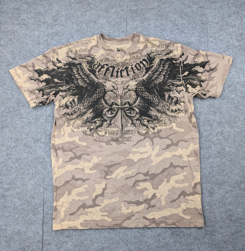 Affliction Shirt Mens Medium Brown Camo Y2K Eagle Wings Graphic Grunge Tattoo