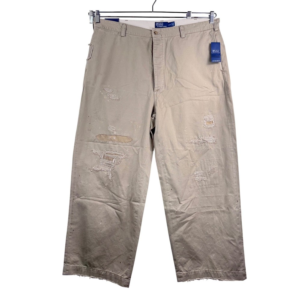 Polo Ralph Lauren The big Chino Pants sz 40 Tan Distressed Paint Splatter