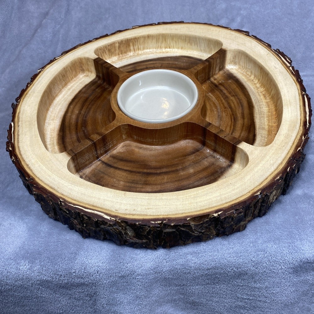 Raw Edge Acacia Dipping Platter Farmhouse Ceramic Wood Serving Dish Large-image