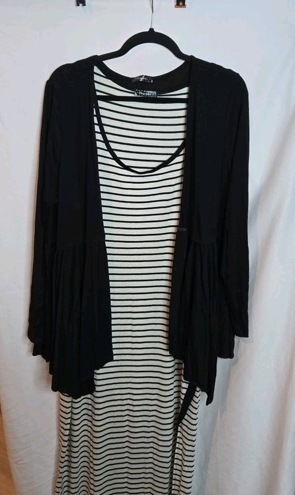 Story Teller Women's Plus Size 3X Black & White Knit Maxi Dress Cardigan Set