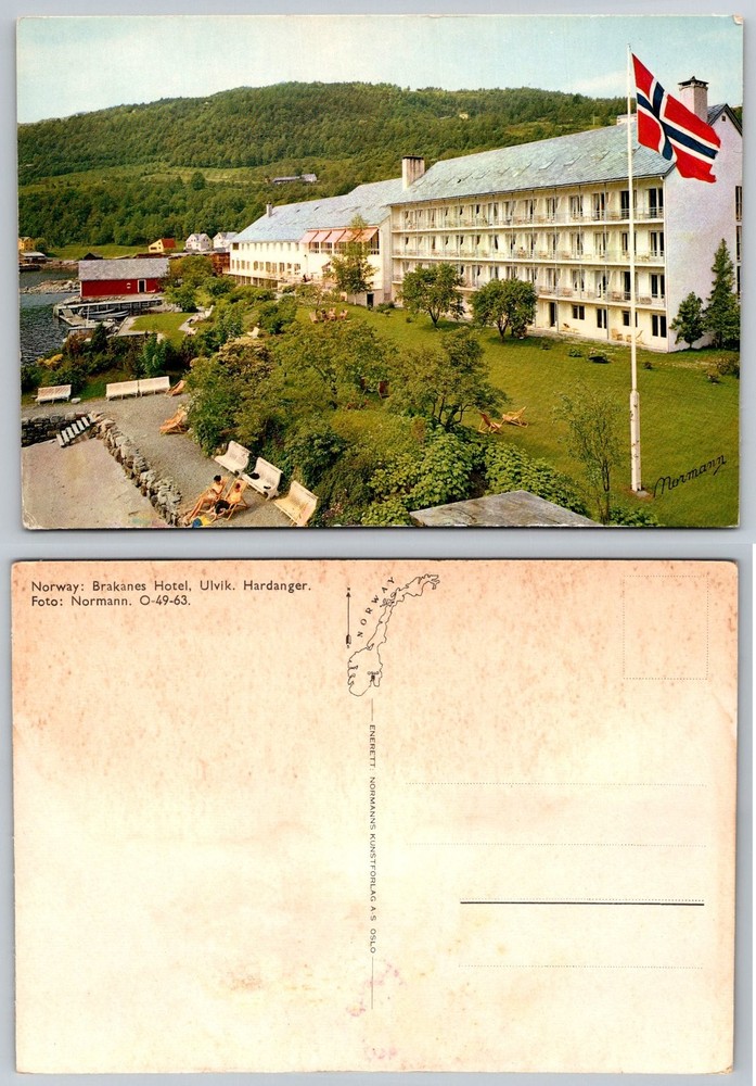 Brakanes Hotel Ulvik Hardanger Norway Postcard Normann Photo Fjord Flag