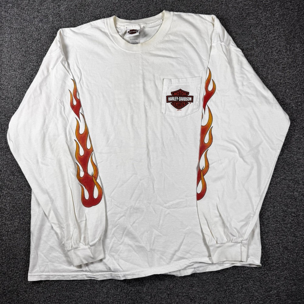 Vintage Harley Davidson Shirt Mens 2XL White Long Sleeve Flames Biker Y2K