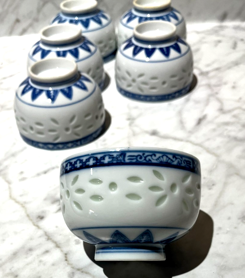Vintage Chinese Porcelain Tea Cups Blue and White Rice Grain Pattern Set of 6