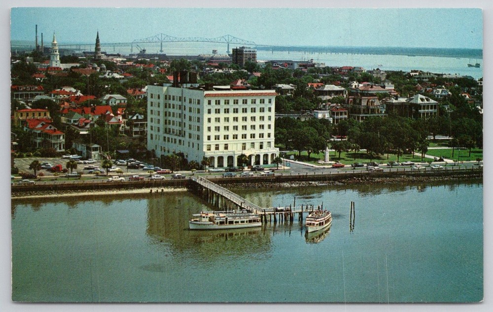 Charleston SC Hotel Fort Sumter Waterfront Aerial View Vintage Postcard