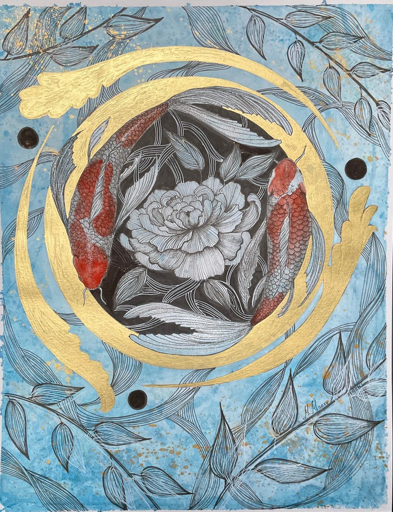 abstract art original graphic ink and pen drawing with gold and blue fish koi-image