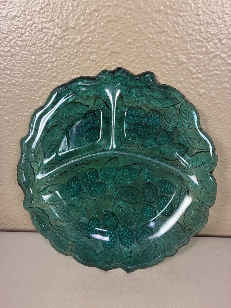 Indiana Glassware Loganberry Divided Teal Green Plate Vintage With Berry Design