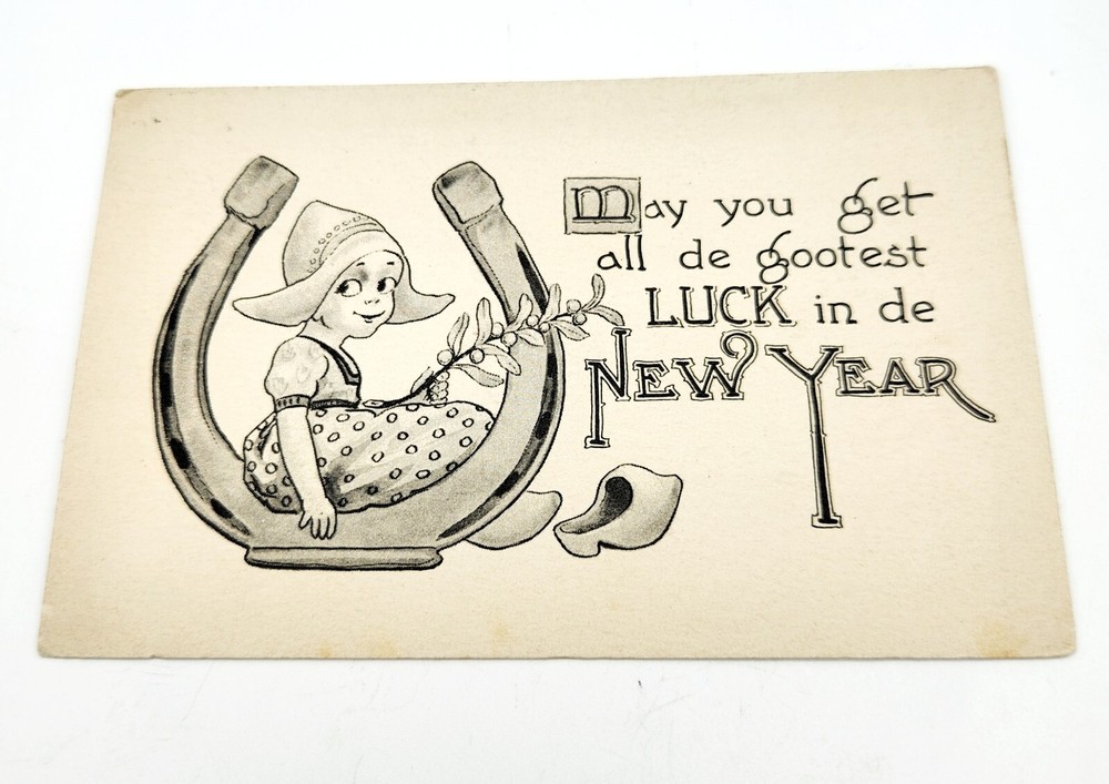 1908 Dutch Girl New Years Holiday Woodbine, Kansas Postal Card Lucky Horseshoe