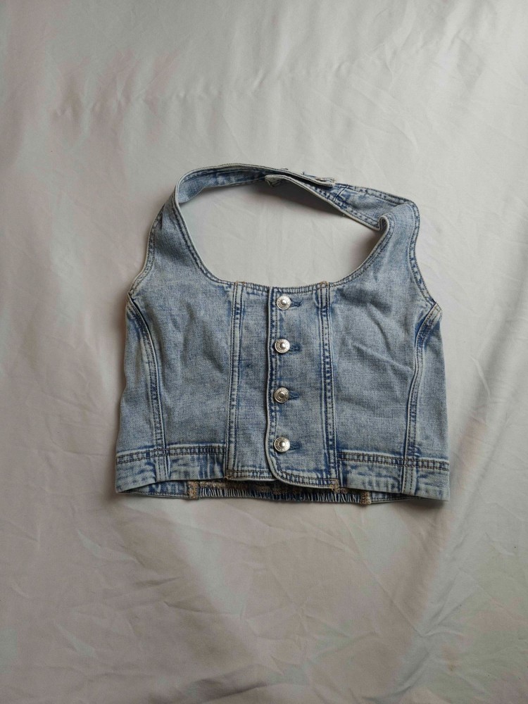 American Eagle Tank Top Womens Medium Blue Denim Halter Cropped Button Front