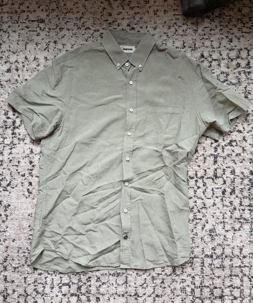 Taylor Stitch Men's Green Solid Button-Down Short Sleeve Shirt Pocket Linen 42 L