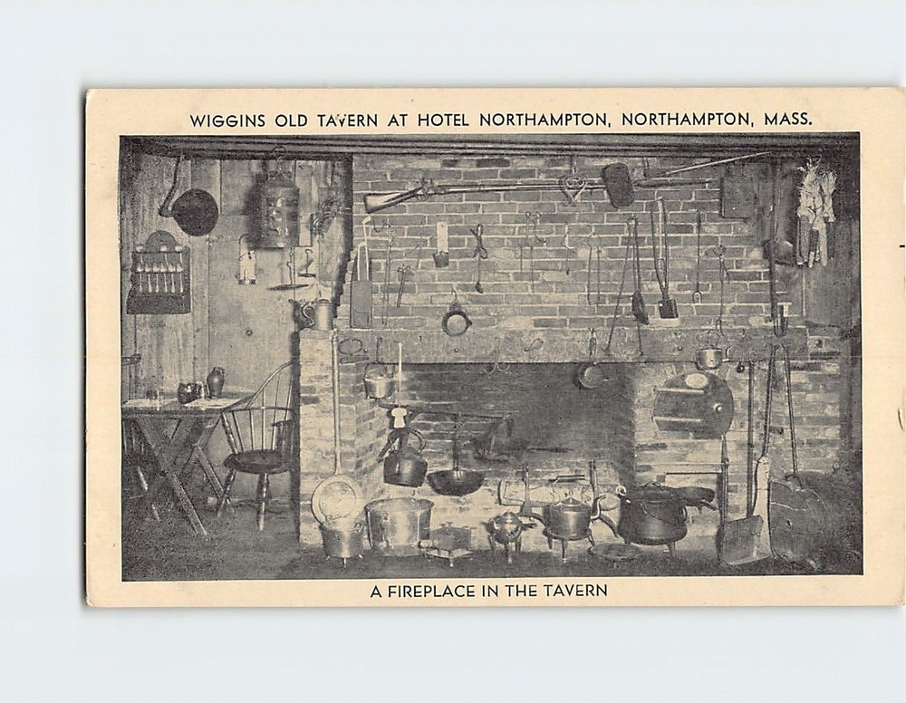 Postcard Fireplace Tavern Wiggins Old Tavern Hotel Northampton Massachusetts