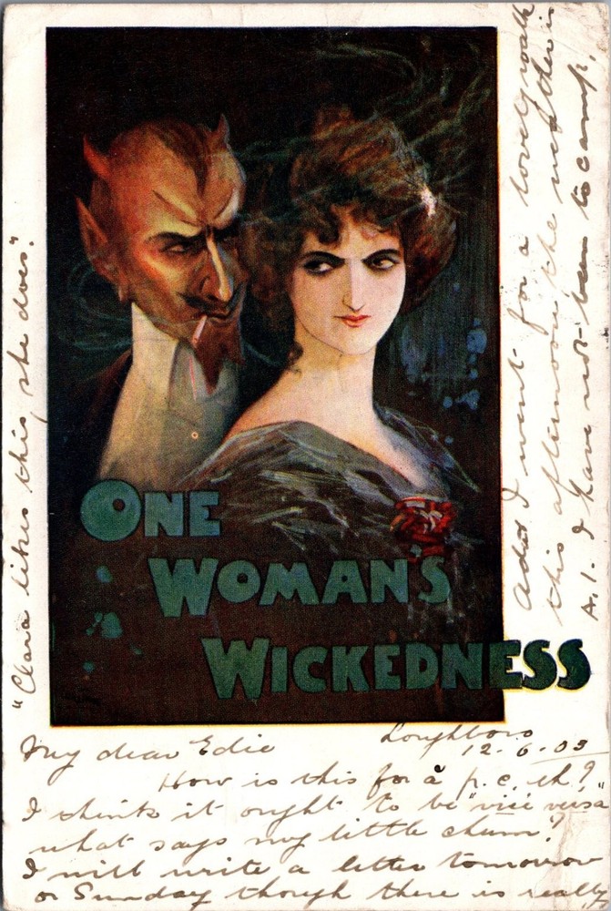 1909 ONE WOMAN'S WICKEDNESS Devil & Woman Art Postcard David Allen Chronotype