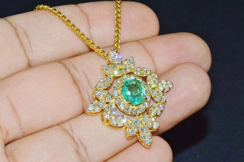 4Ct Oval Cut Green Emerald Cluster Pendant 14K Yellow Gold Finish 16