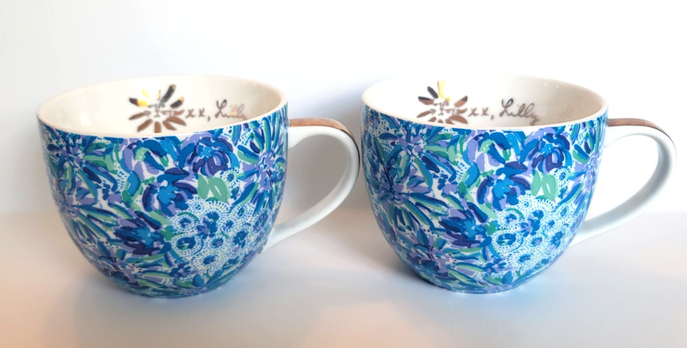 Lilly Pulitzer Floral Coffee Mugs Set of 2 Blue Green Ceramic Cups 12 oz