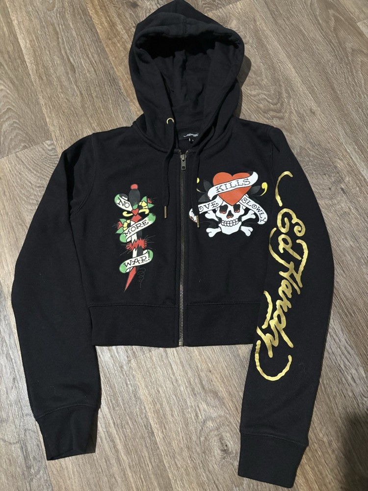 Ed Hardy Women’s Size Small Black Y2K Cropped Full Zip Graphic Hoodie