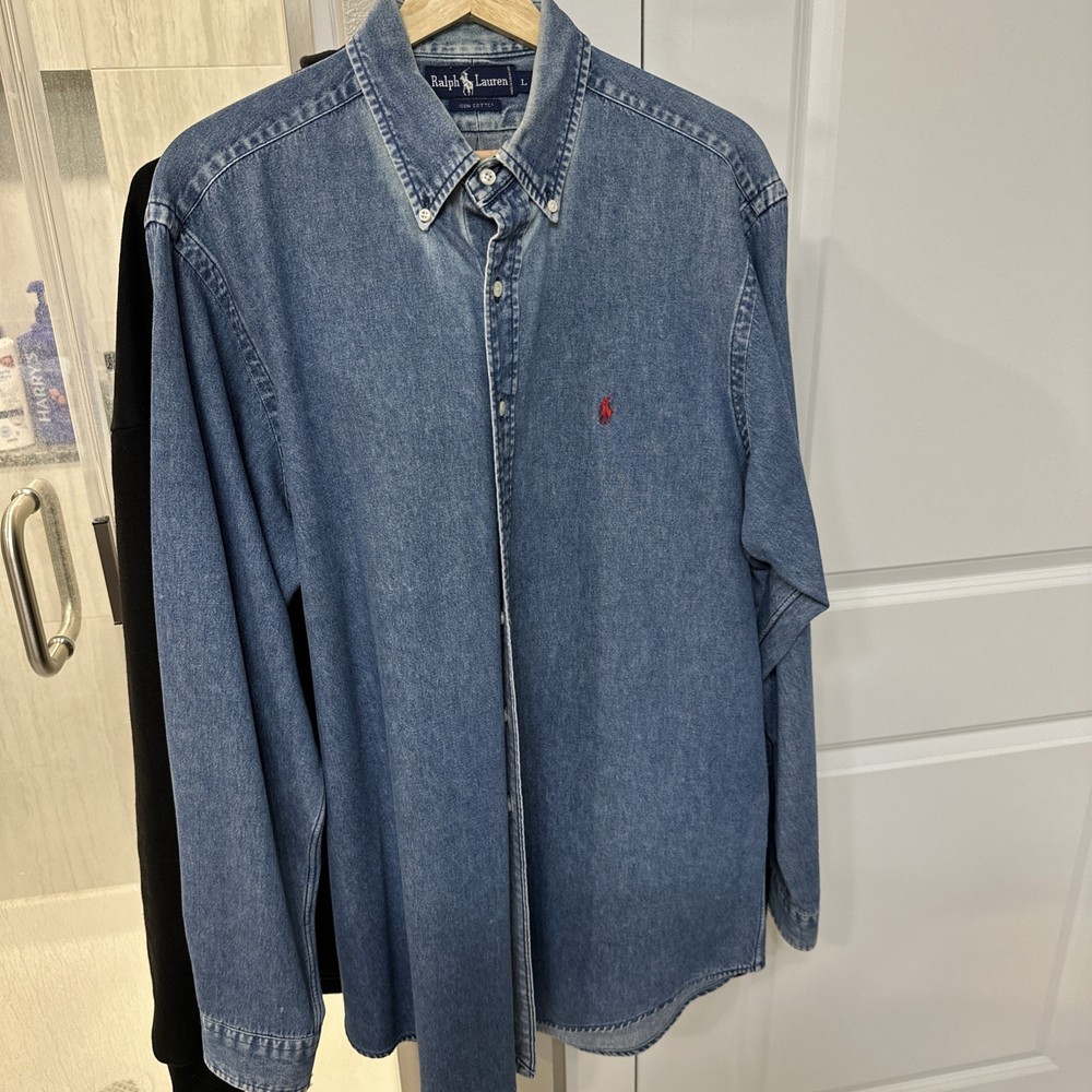 Polo Ralph Lauren Shirt Mens Large Button Up Denim Preppy Casual Long Sleeve 90s