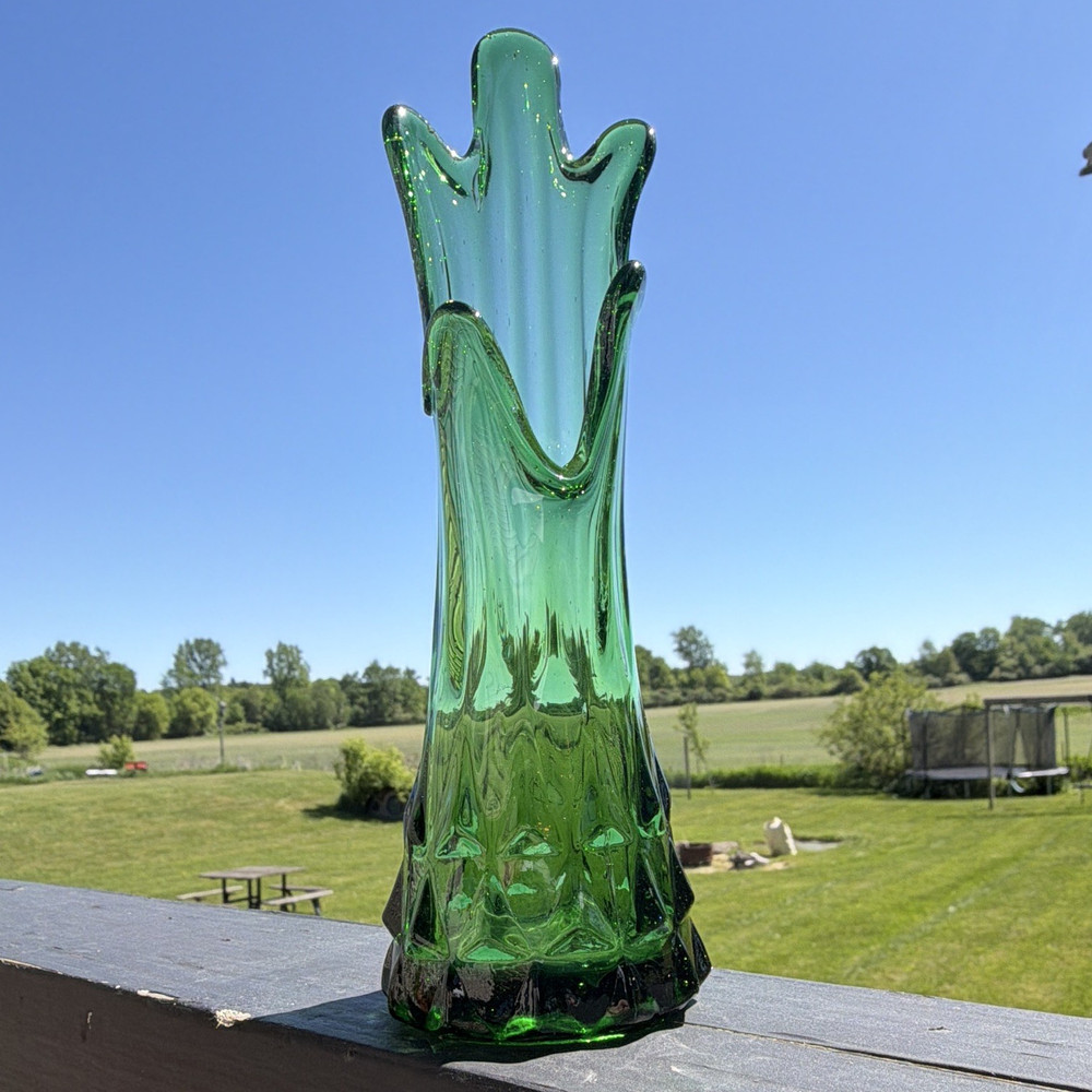 Vintage Green Art Glass Swung Vase, Flared Rim, Mid-Century Modern