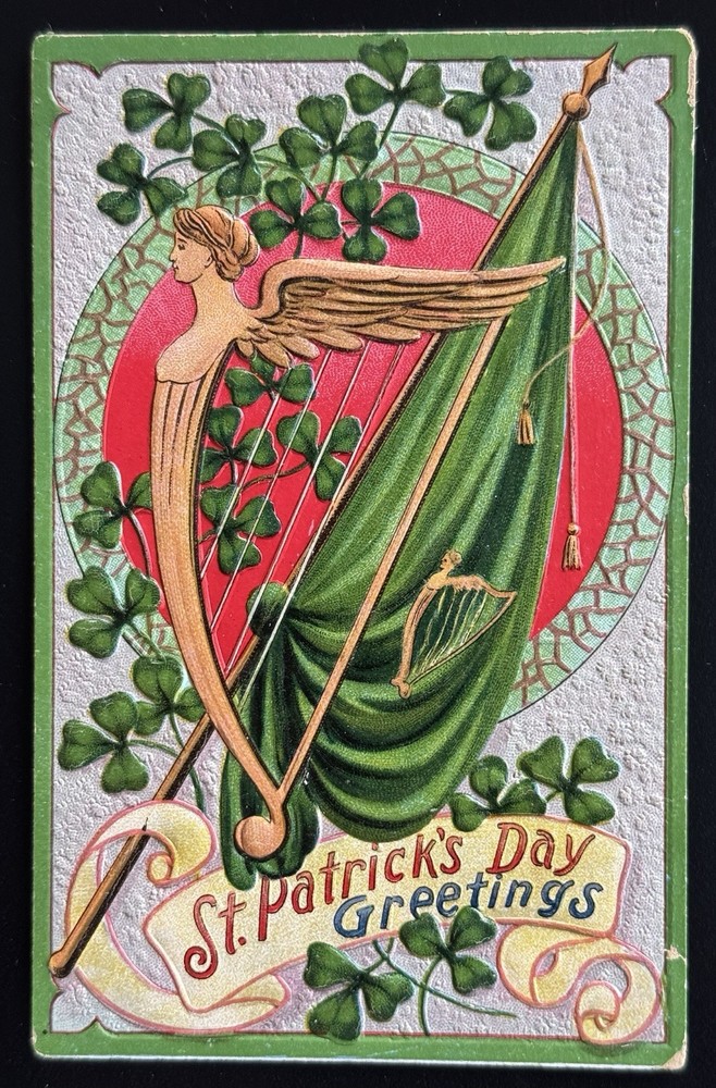 Embossed St. Patrick’s Day Postcard Harp & Flag Saxony c1910