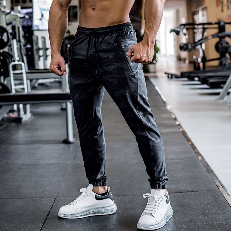 Men's Camouflage Sweatpants for Gym Running Fitness Dry Fit Elastic Track Pants with Zipper