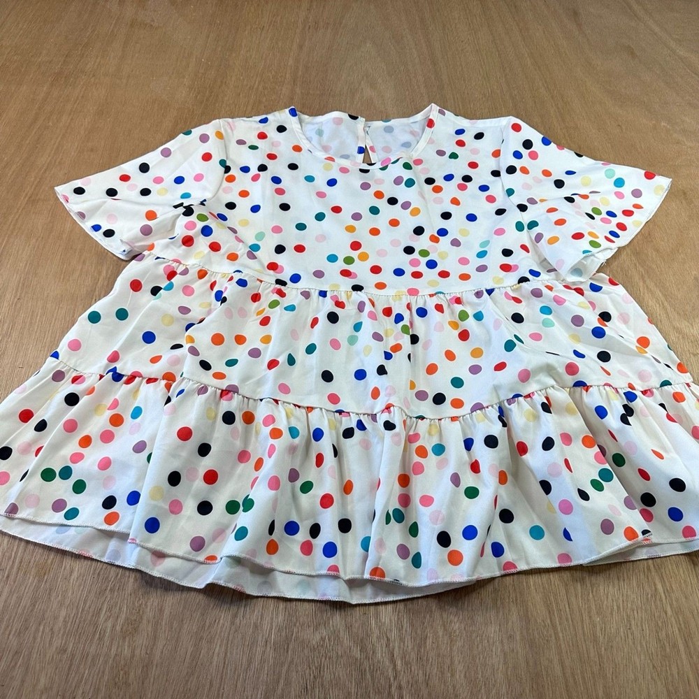 SHEIN Polka Dot Babydoll Blouse Womens L Multicolor Tiered Ruffle Top
