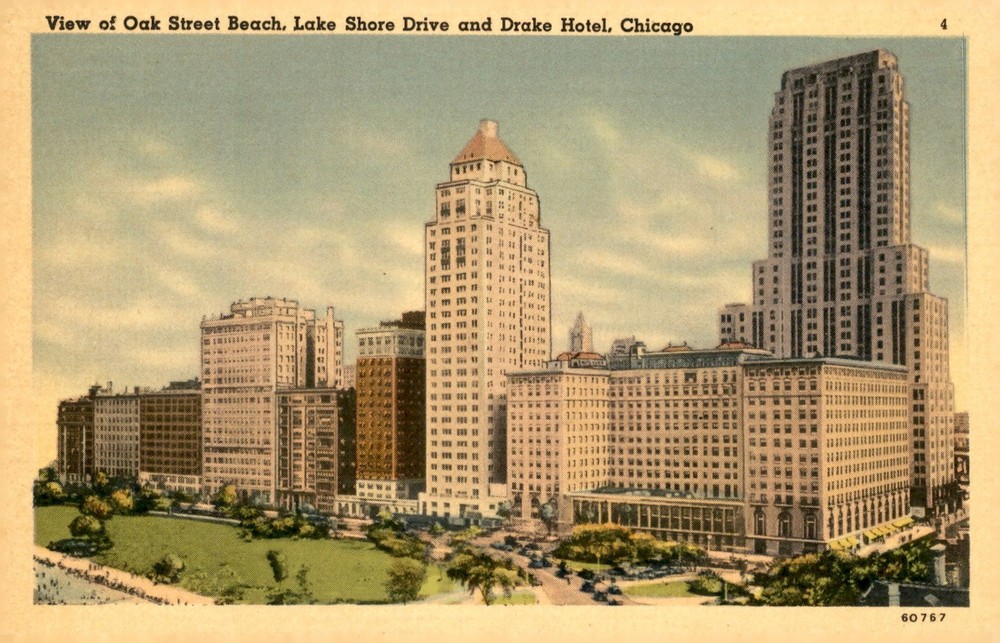 Oak Street Beach, Lake Shore Drive and Drake Hotel, Chicago - 1930s Postcard