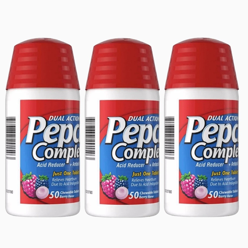 THREE Pepcid Complete Acid Reducer Chewable Berry Tablets 150 Total Exp 05/26-image