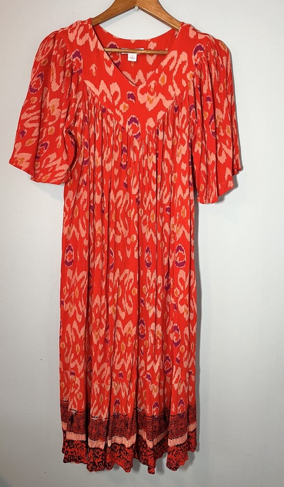 Go Softly Patio Dress Size S Orange Red Print Short Sleeve Midi Pleated Kaftan