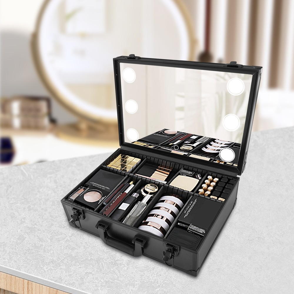 LED Makeup Bag with Mirror Light Travel Cosmetic Organizer Black