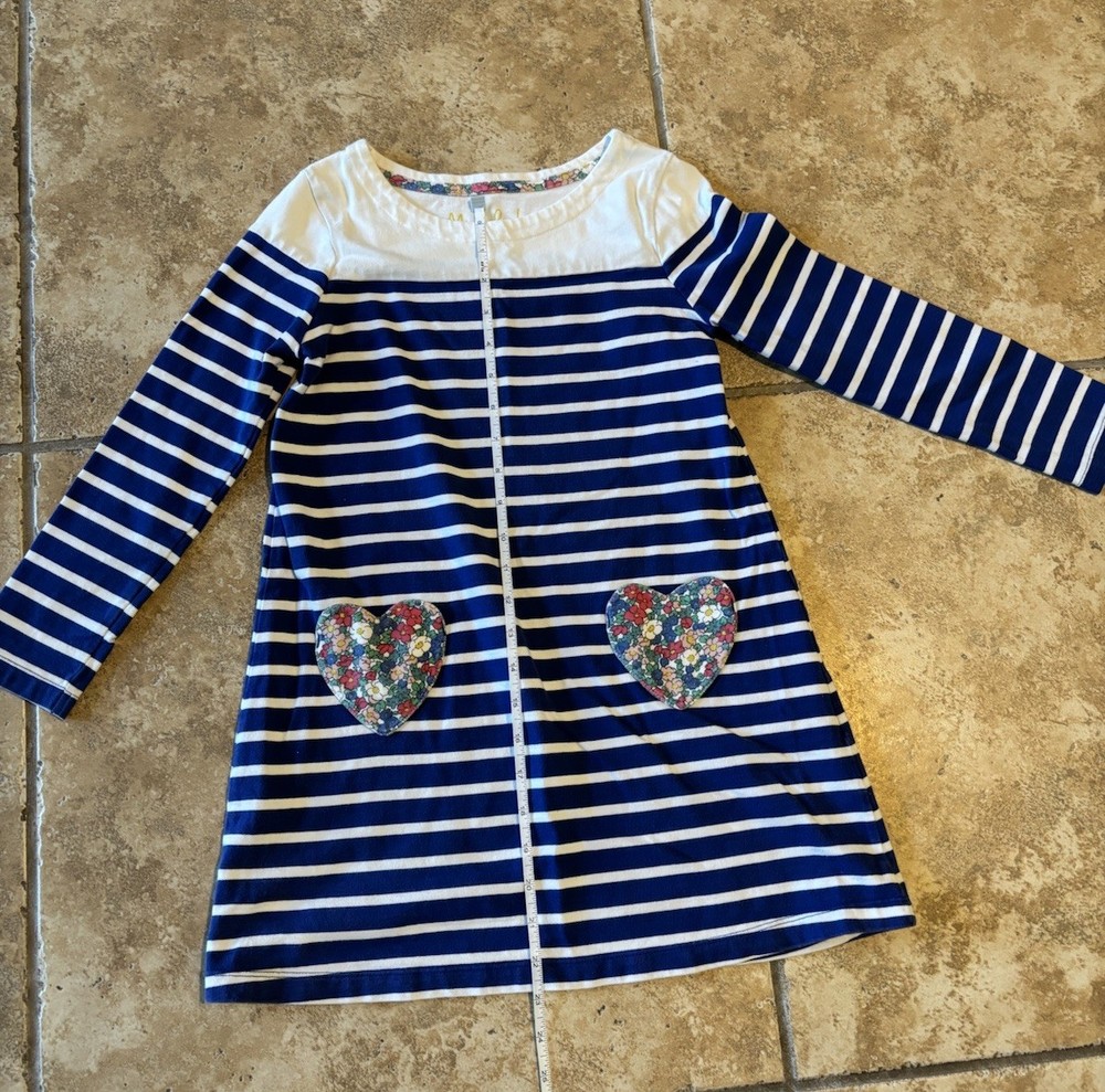Mini Boden A-Line Heart Pocket Striped Dress Blue Long Sleeve 9-10Y