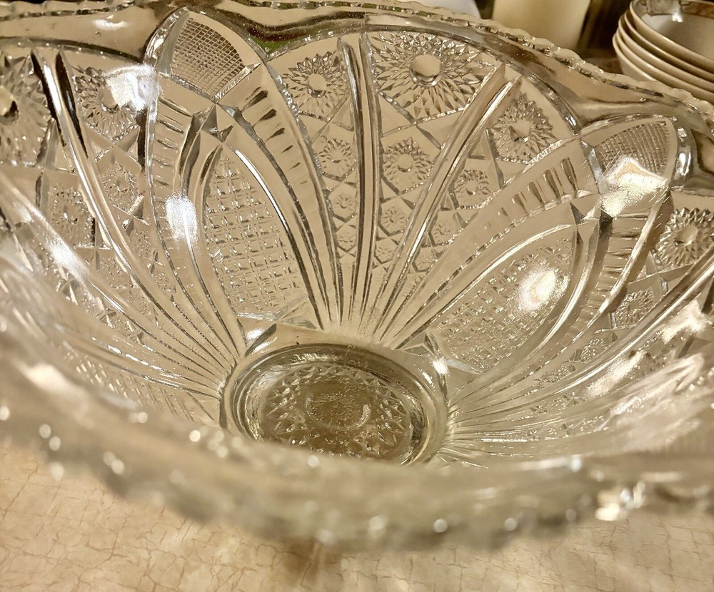 Vintage 1950s L E Smith Hobstar Arches Pressed Glass Punch Bowl
