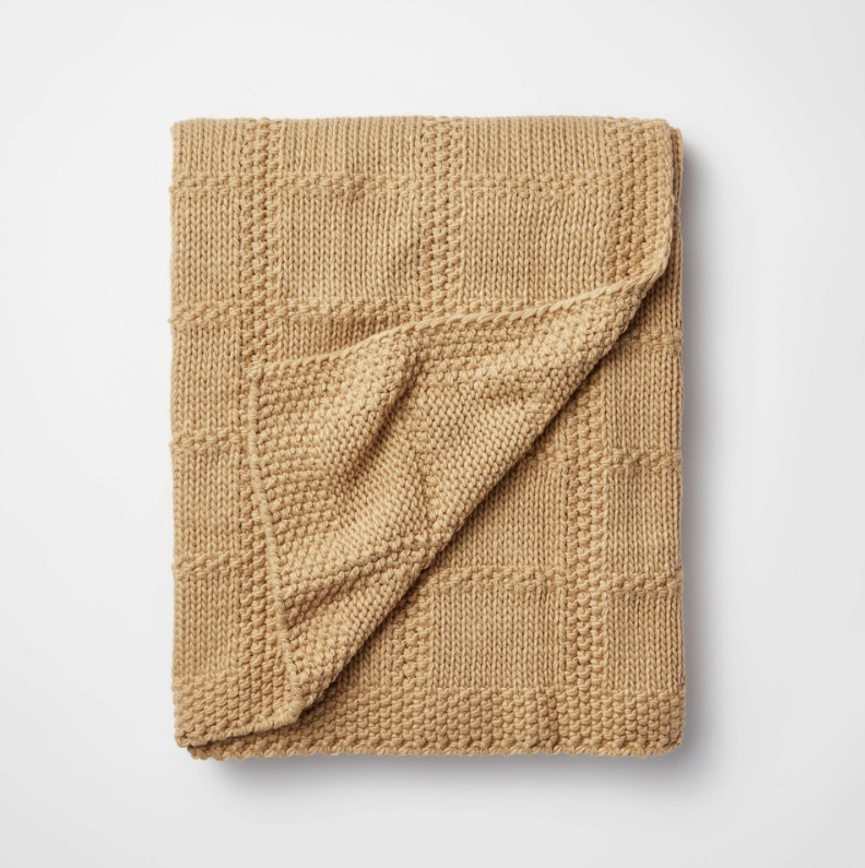 Soft Cozy Camel Grid Knit Throw Blanket by Studio McGee 50x60 Inches