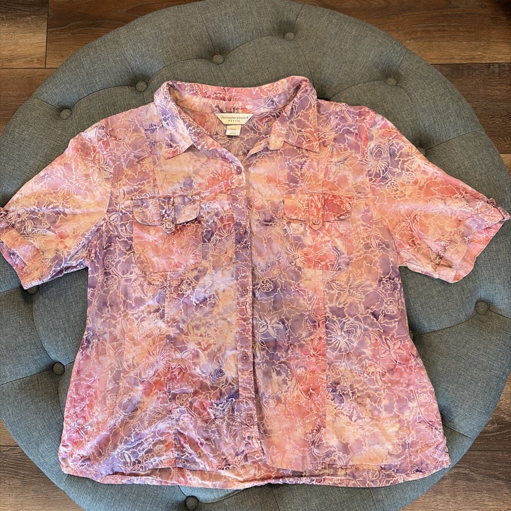Christopher Banks Blouse Size Petite C Large Short Sleeve Cotton Button Up Shirt