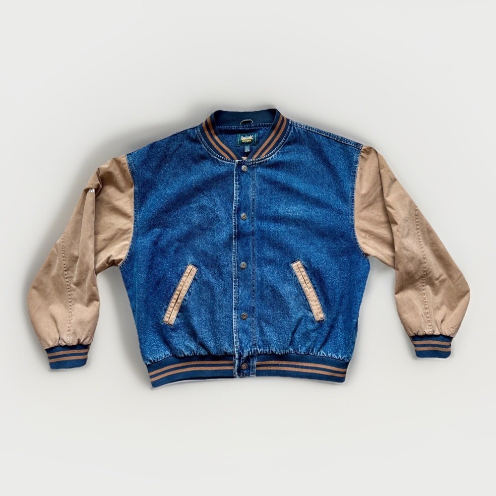 Vintage Dunbrooke Mens Denim Varsity Bomber Jacket XL Blue Tan Canvas Sleeves
