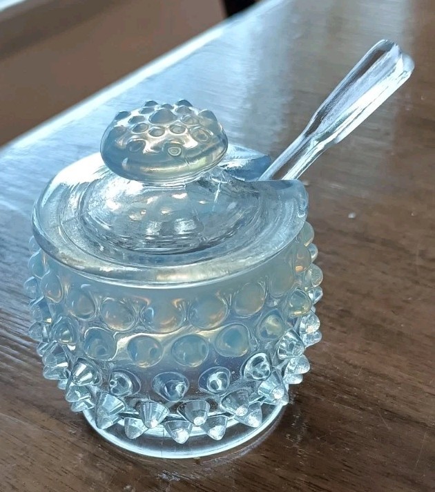 Vintage Fenton Opalescent Hobnail Mustard Jar with Spoon and Lid.