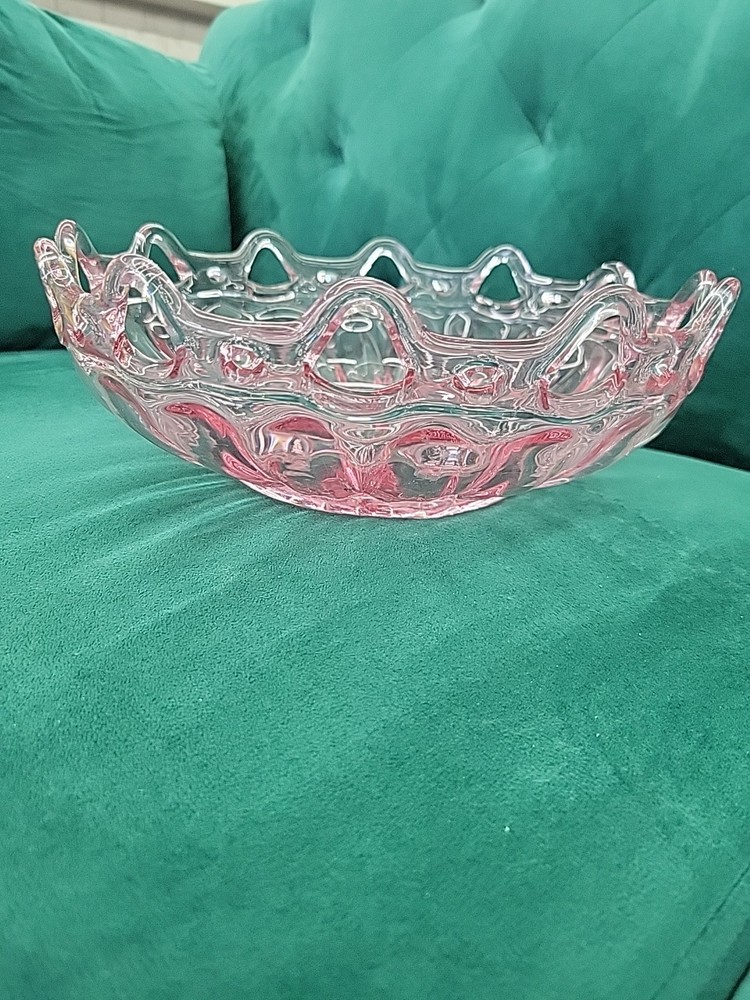 Vintage Pink Depression Glass Pierced Scalloped Edge Bowl