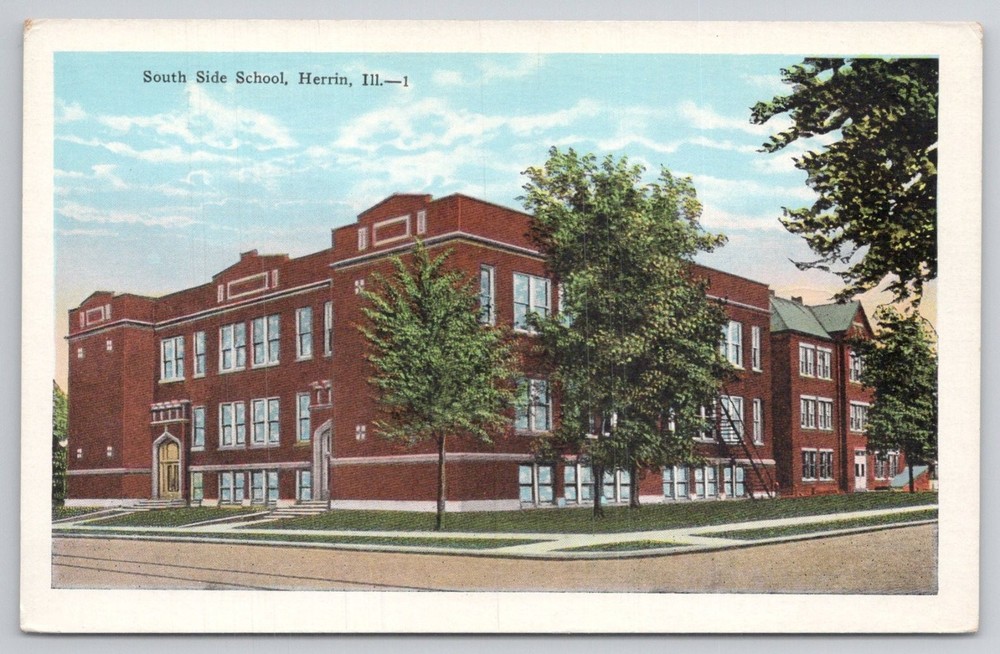 Herrin Illinois South Side School Linen Postcard E. C. Kropp Co. 1930s