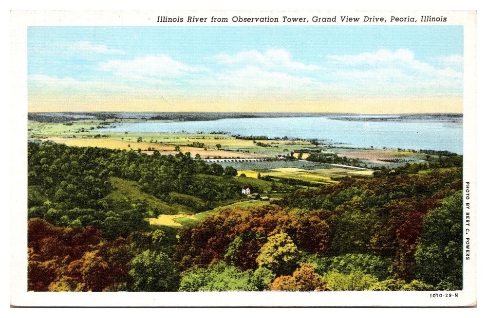 Peoria Illinois River Grand View Drive Observation Tower Linen Postcard