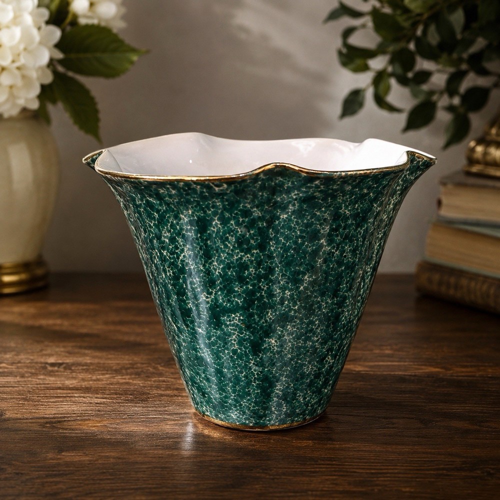 Vintage MCM Italian Art Vase Hand Painted Green Splatter Fazzoletto Ruffled Rim