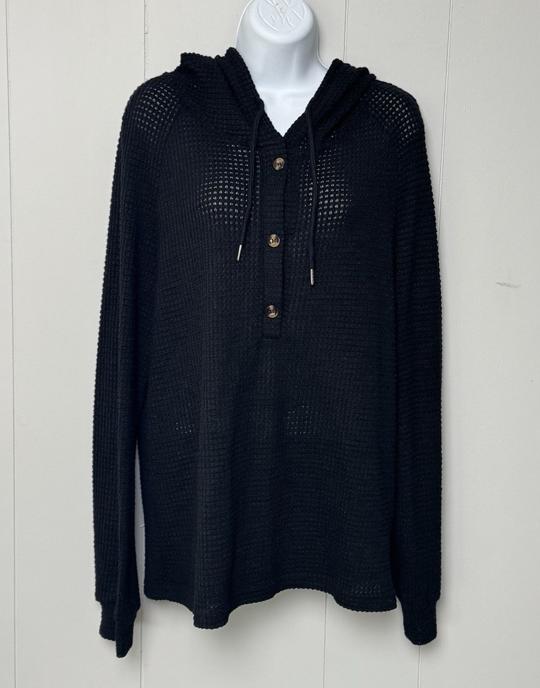 Yozy Women’s Elegant Black Hooded Quarter Button Open Knit Sweater Size XL