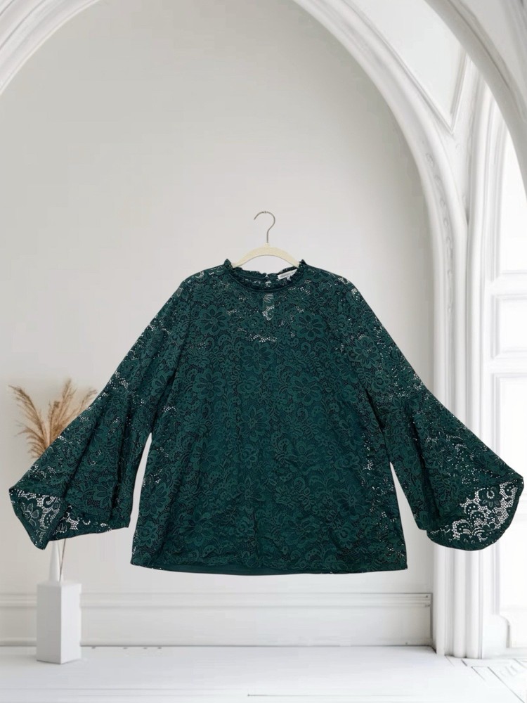 Signature Studio Womens Green Lace Bell Sleeve Top Size Large Dark Romantic Chic