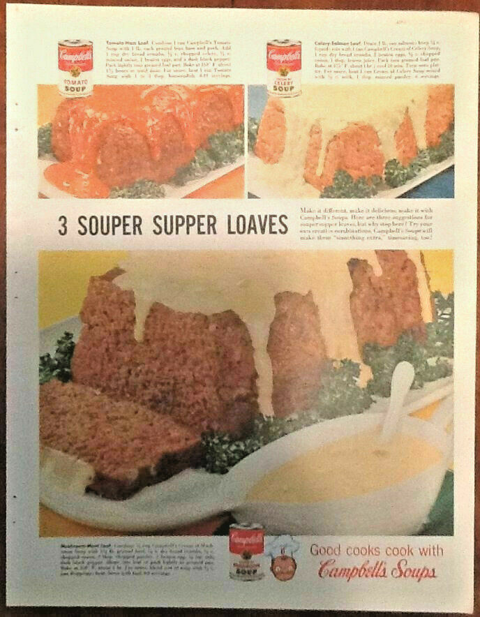 Campbell's soup ad 1958 1950s illustration art retro food decor meatloaf recipes