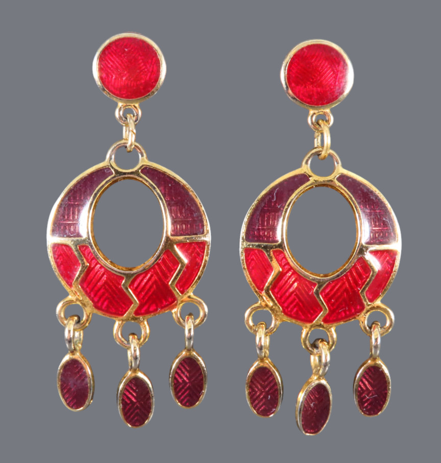 VTG EDGAR BEREBI Gold Tone Dangle Earrings RED & PURPLE ENAMEL Art Deco Style