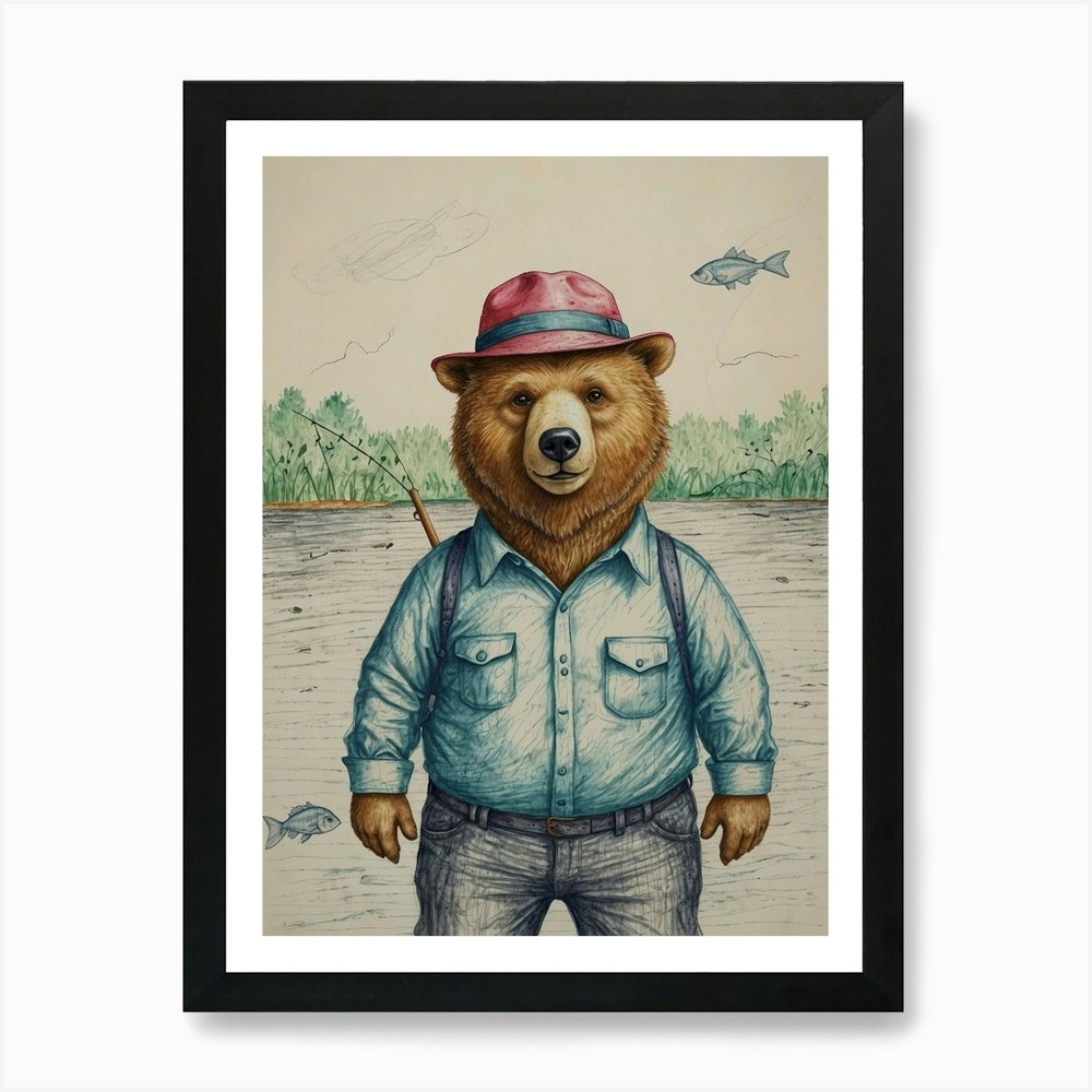 Bear Fishing Art Print Framed Wall Art Poster Canvas Print Picture