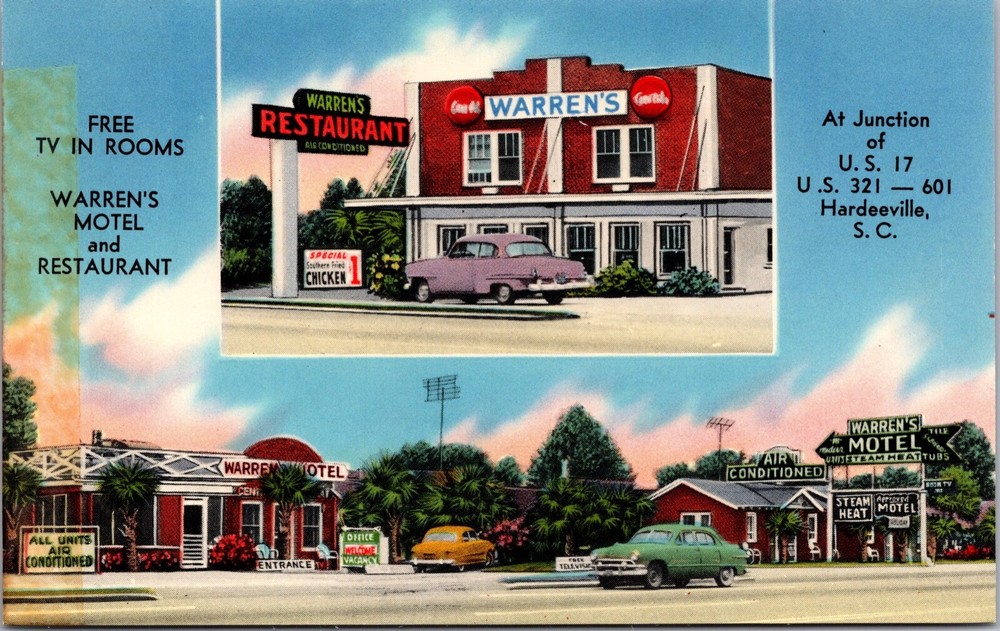 Linen Postcard Warren's Motel and Restaurant in Hardeeville, South Carolina