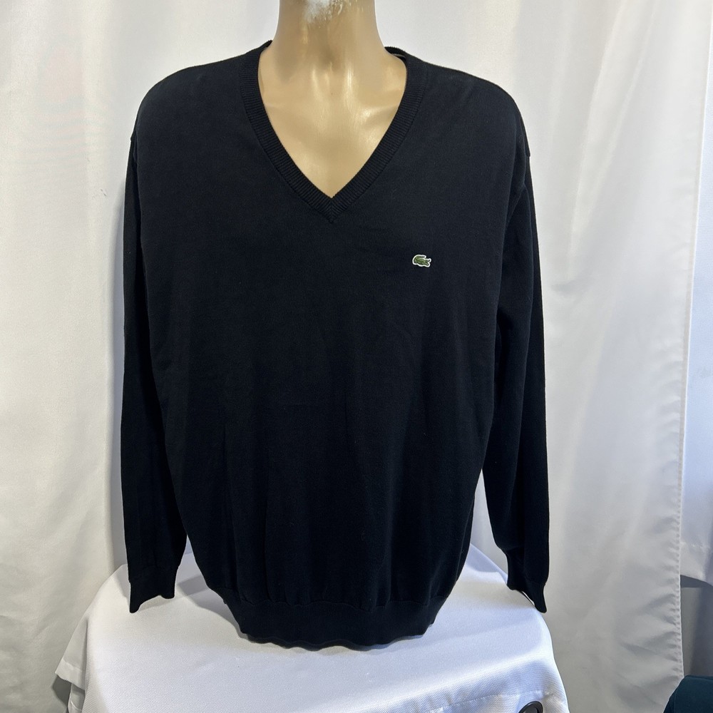 Lacoste Sweater Mens 7 XXL Black V Neck Pullover Classic Crocodile Logo Preppy